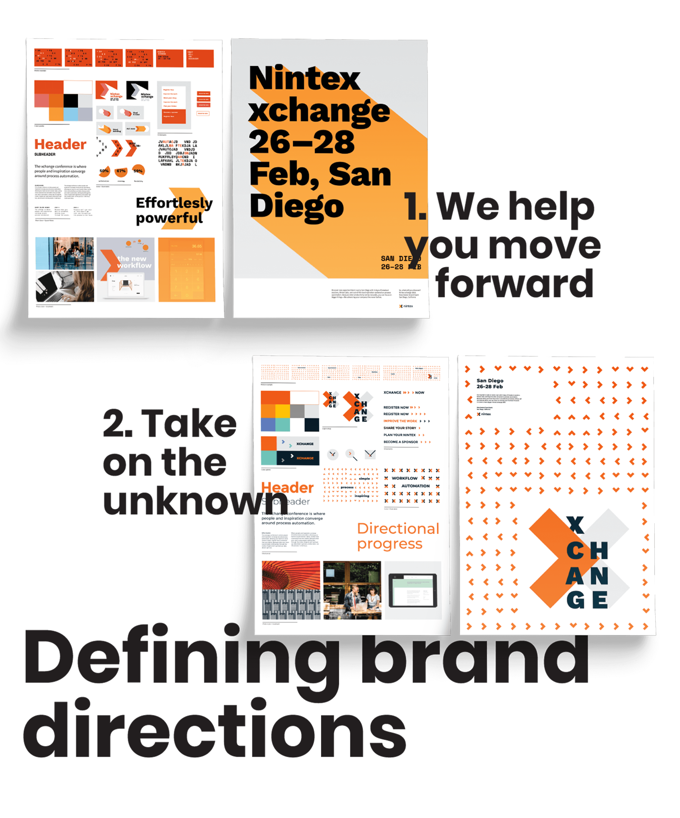 Two conference branding directions: we help you move forward with bold graphic shadows, and take on the unknown with chevron highlighting directional progress