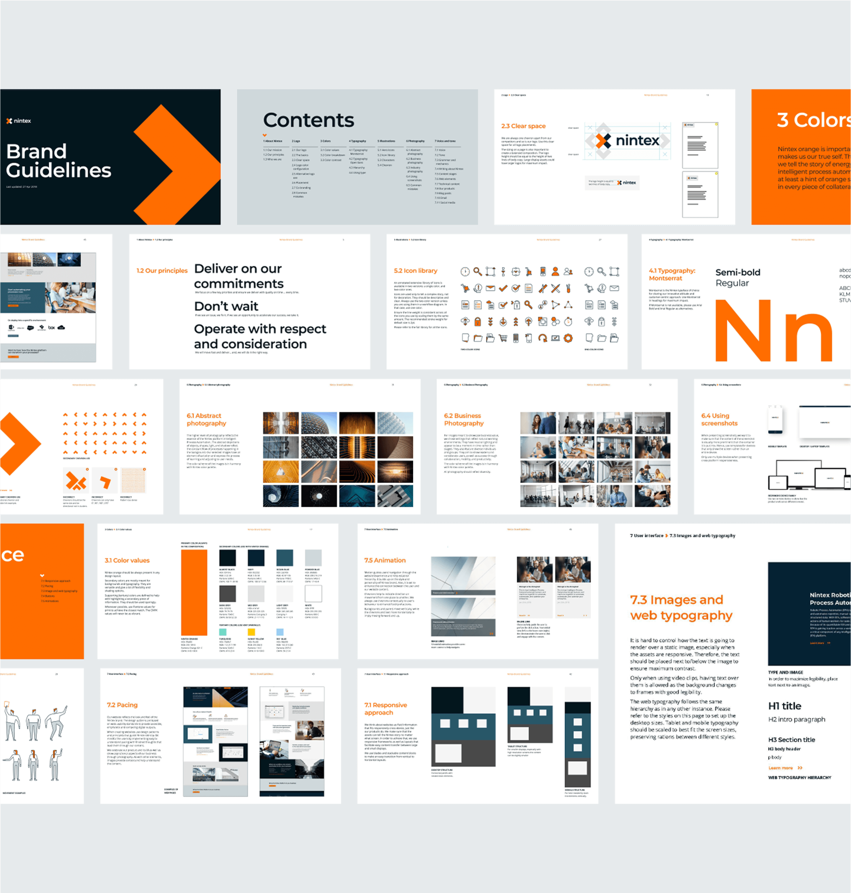 Brand guidelines defining logo, illustration, photography, colour, and typography usage, and more