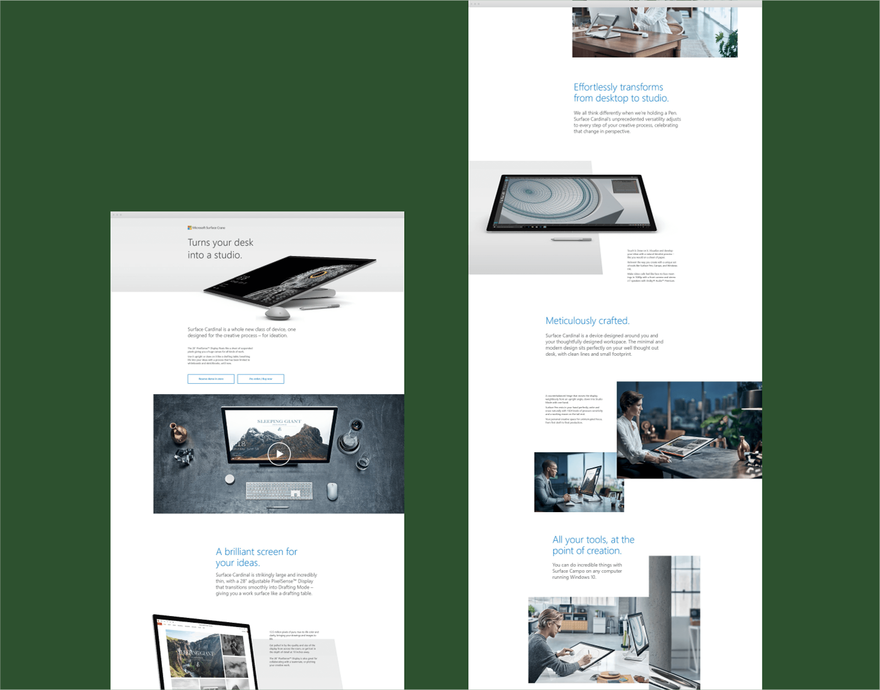 Surface studio product page on desktop with a lot of photography and simple layout