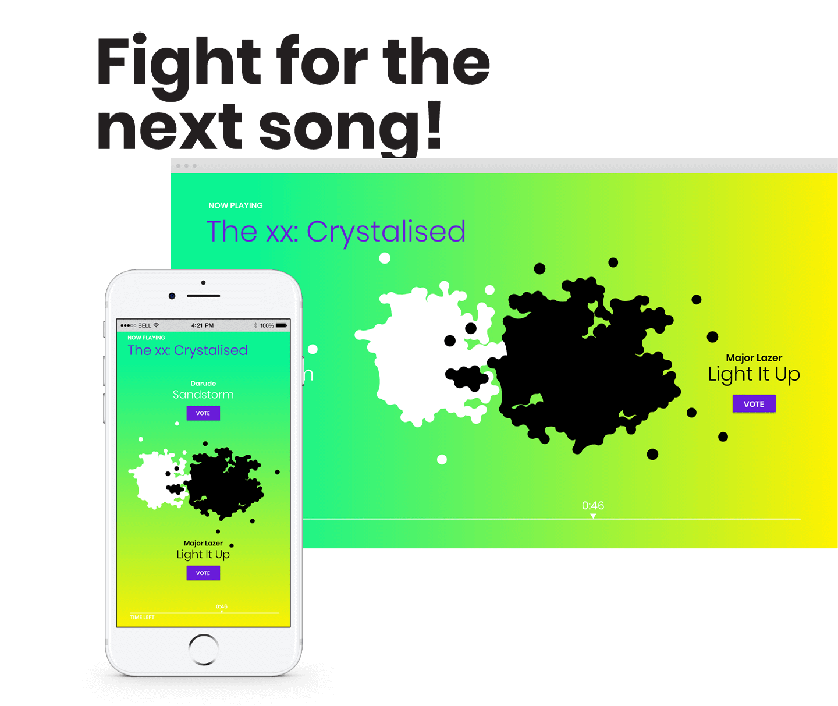 Dynamic mockups of song-voting app with vibrant colours and simple interface