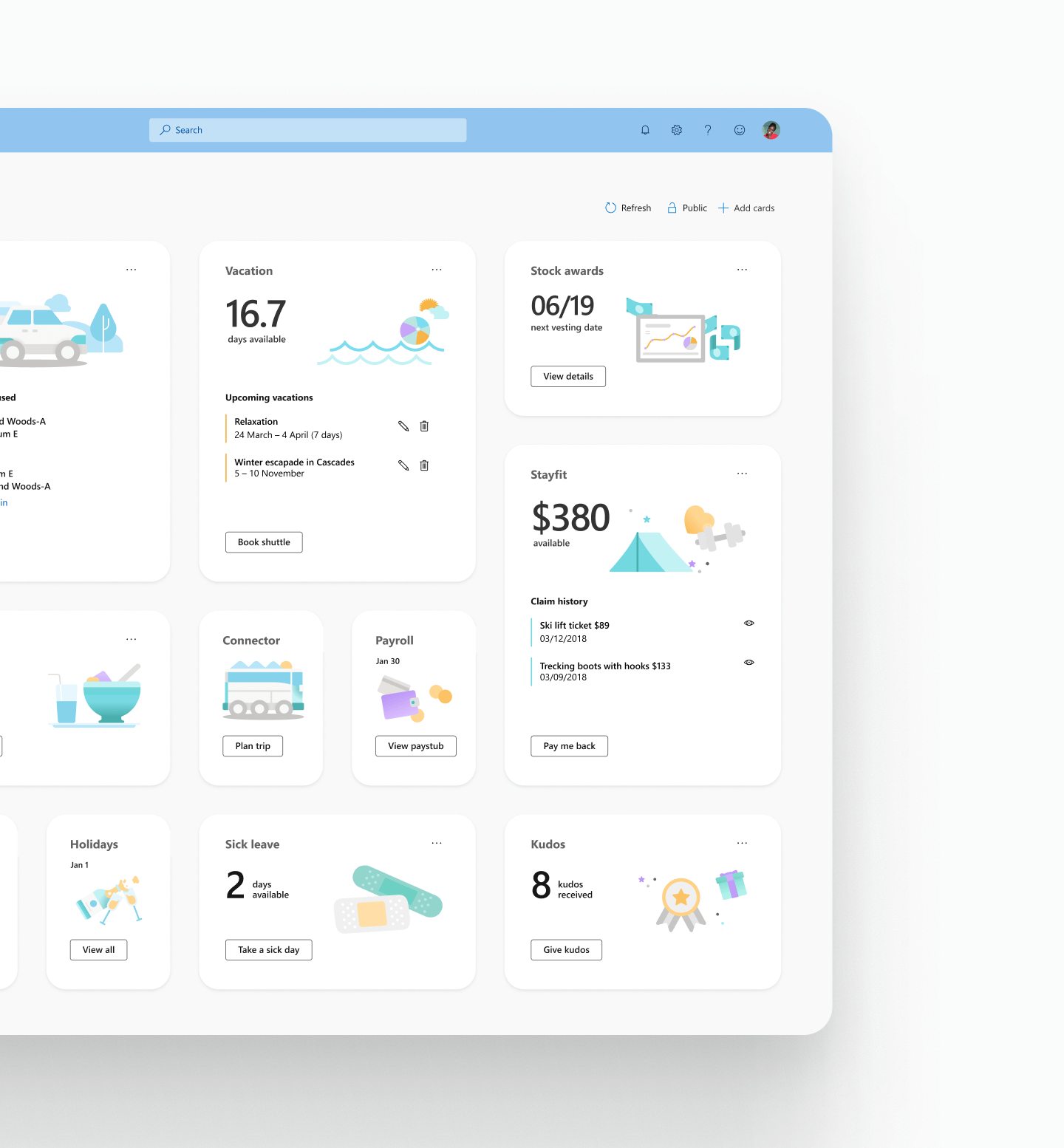 MyHub dashboard with cards showing employees key stats related to their work like vacation balance or café menu