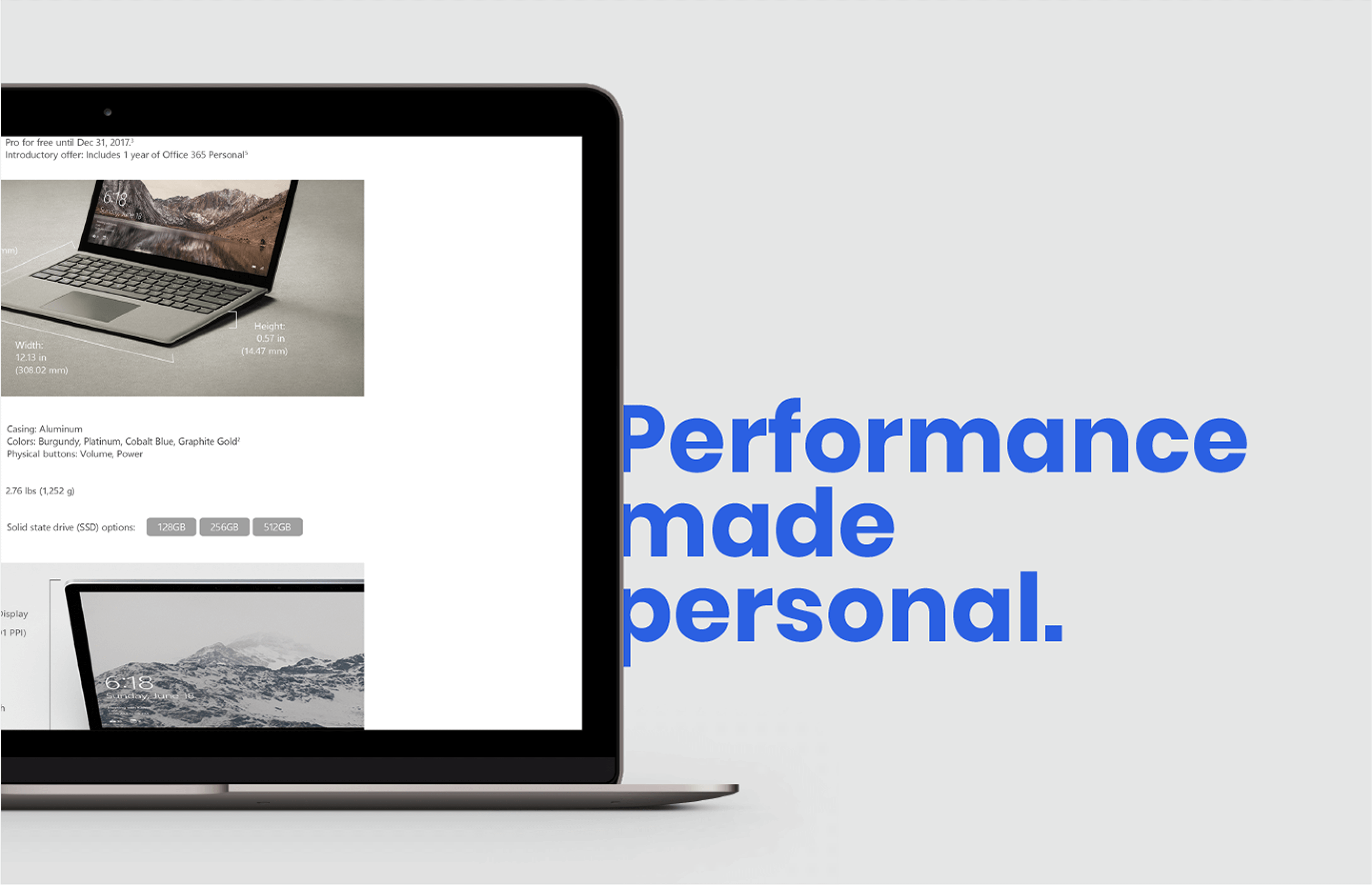 Surface laptop with product spec conveyed in a visual way