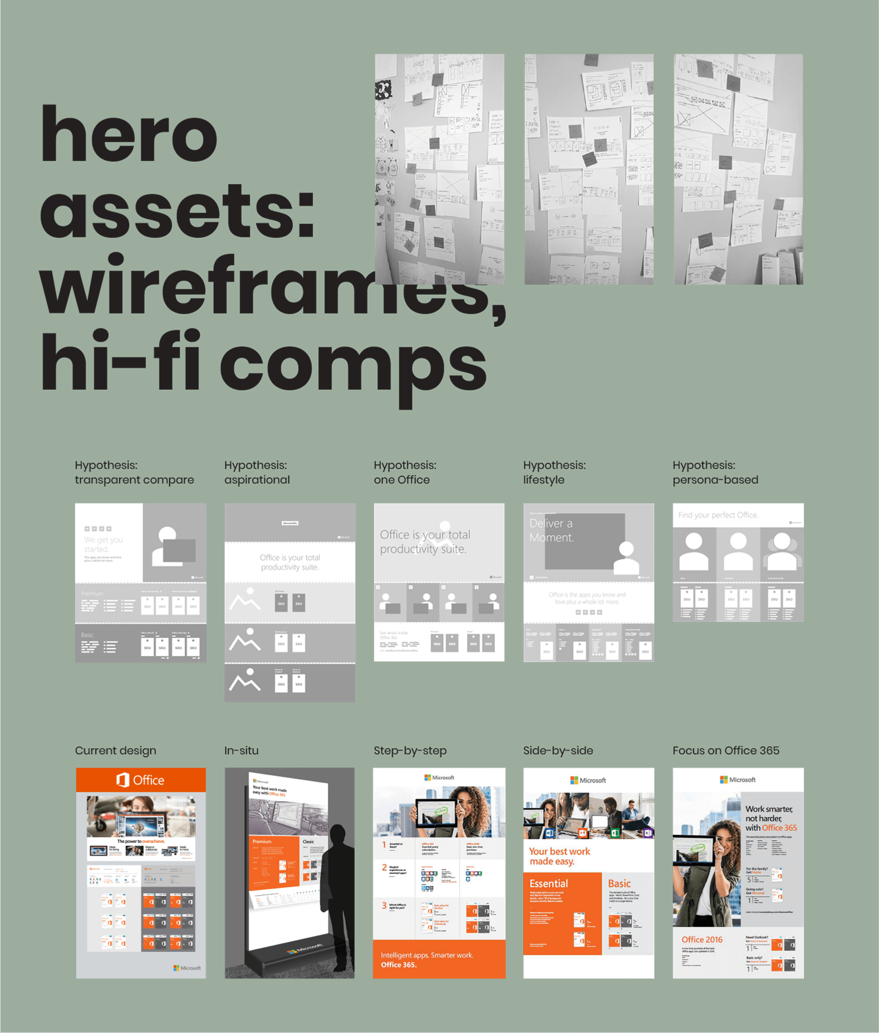 Iterations of the hero asset designs: sketches, wireframes, and high fidelity mockups