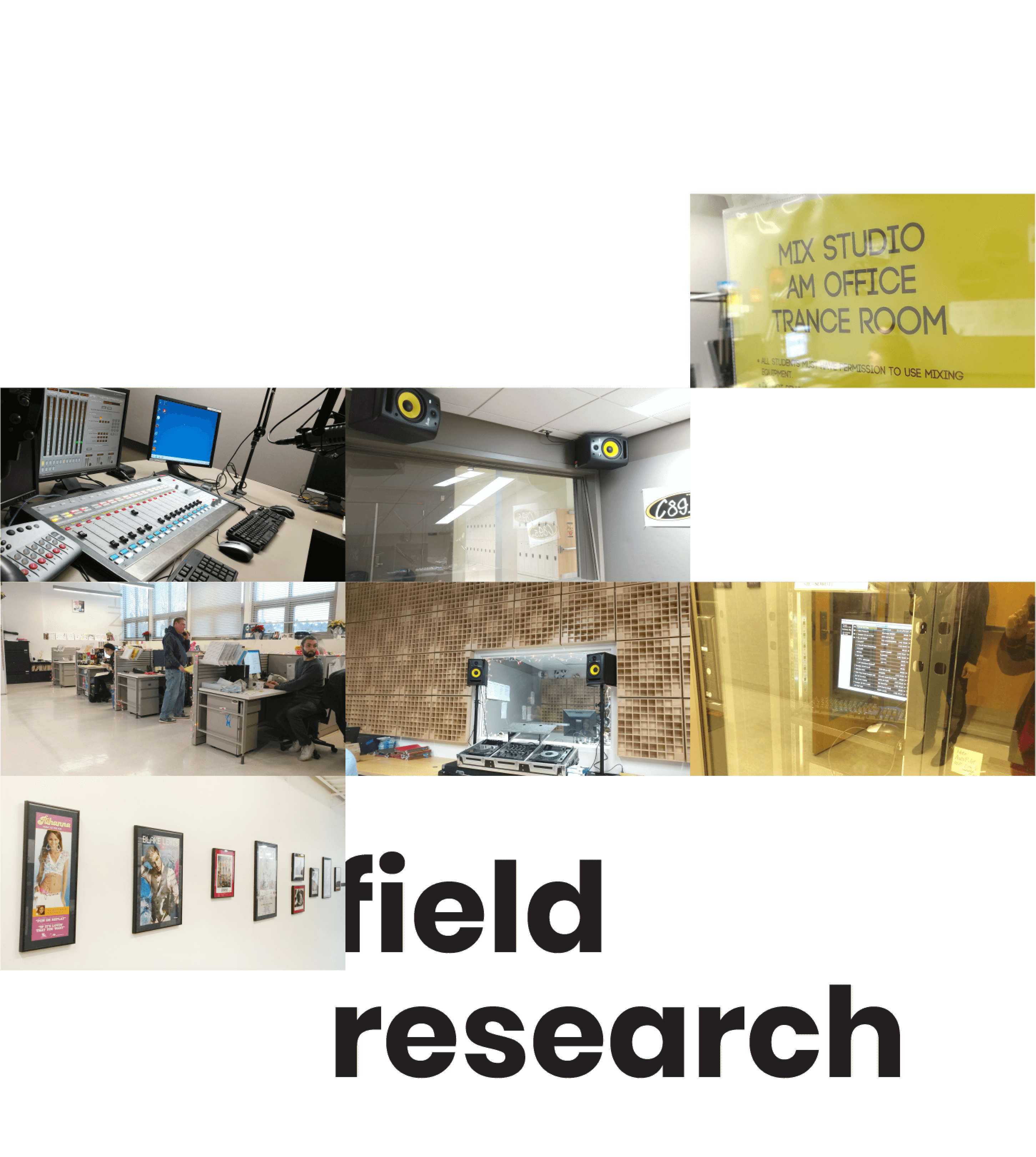 Photos from field research, visiting the radio employees: quiet room, offices, hall of fame with photos of stars