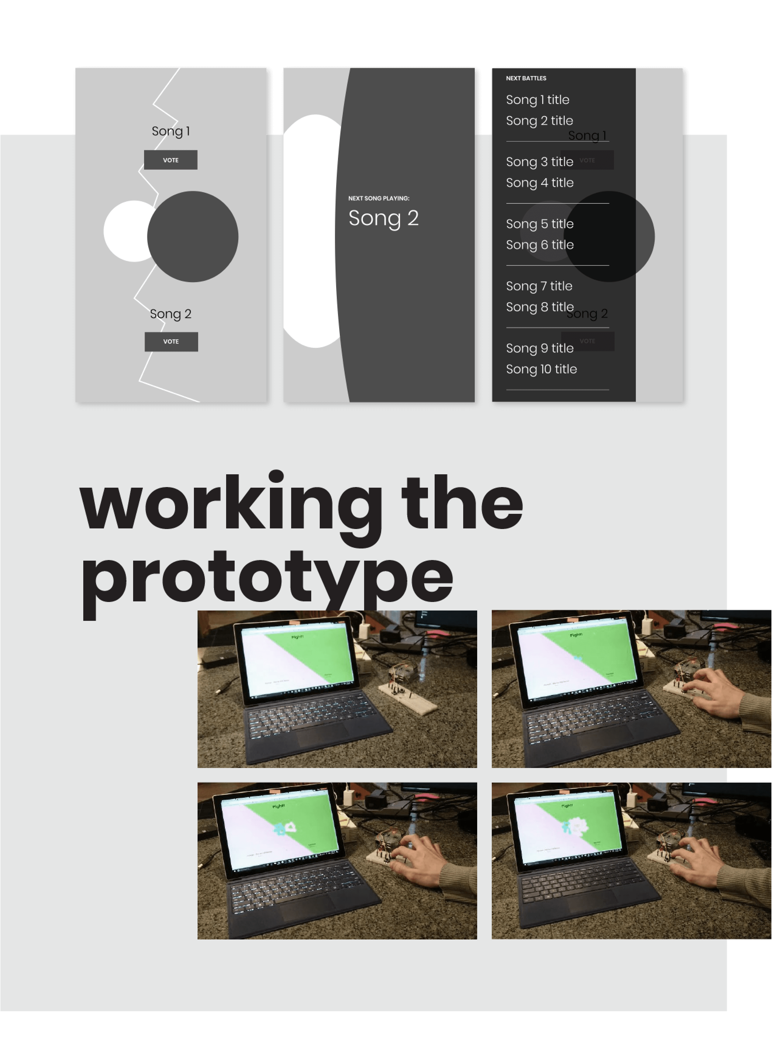Song-voting app wireframes and early Arduino prototypes with manual button input