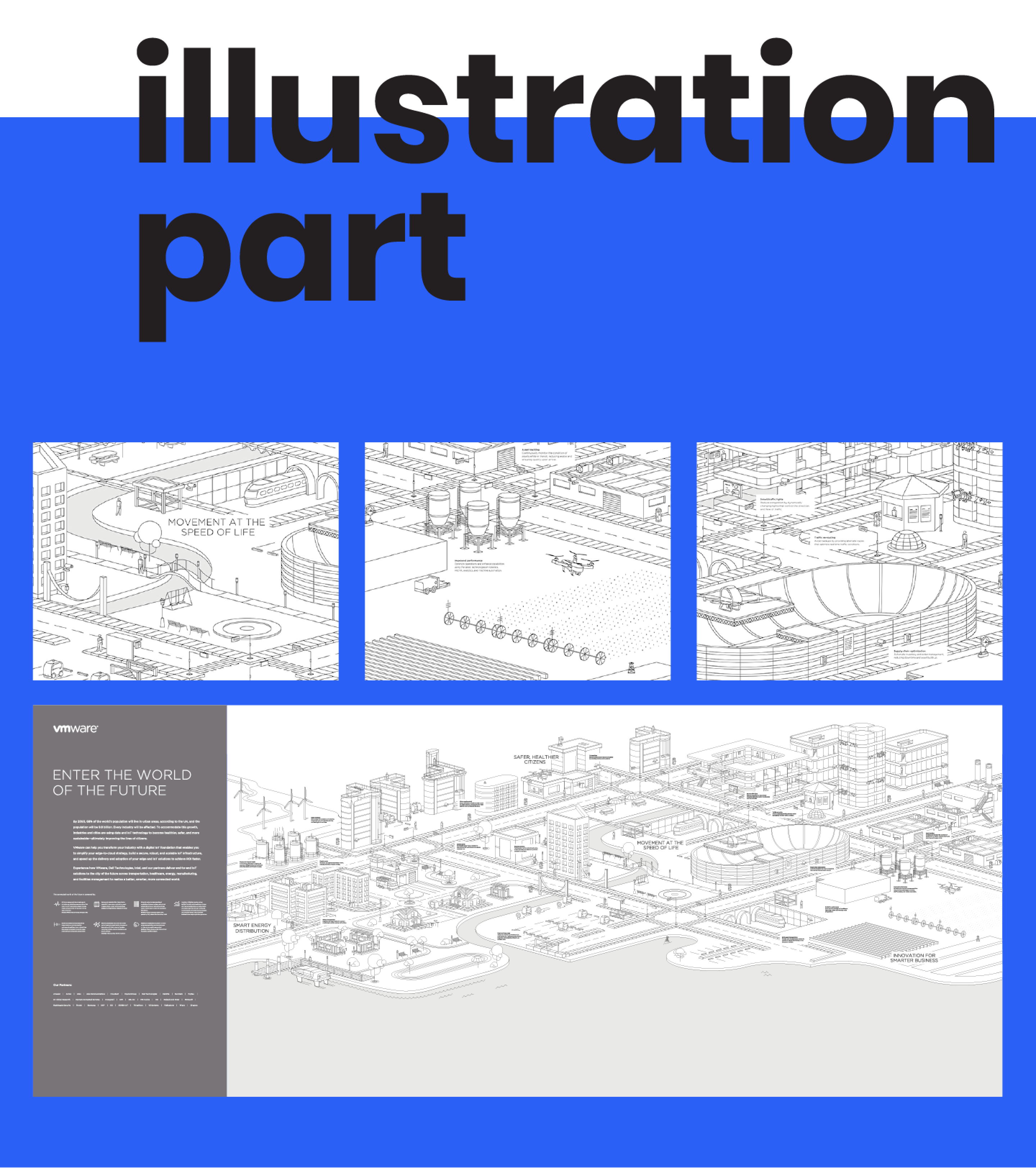 Closeups and overall illustration for the wall. Simple line drawing to make a context backdrop for the animation
