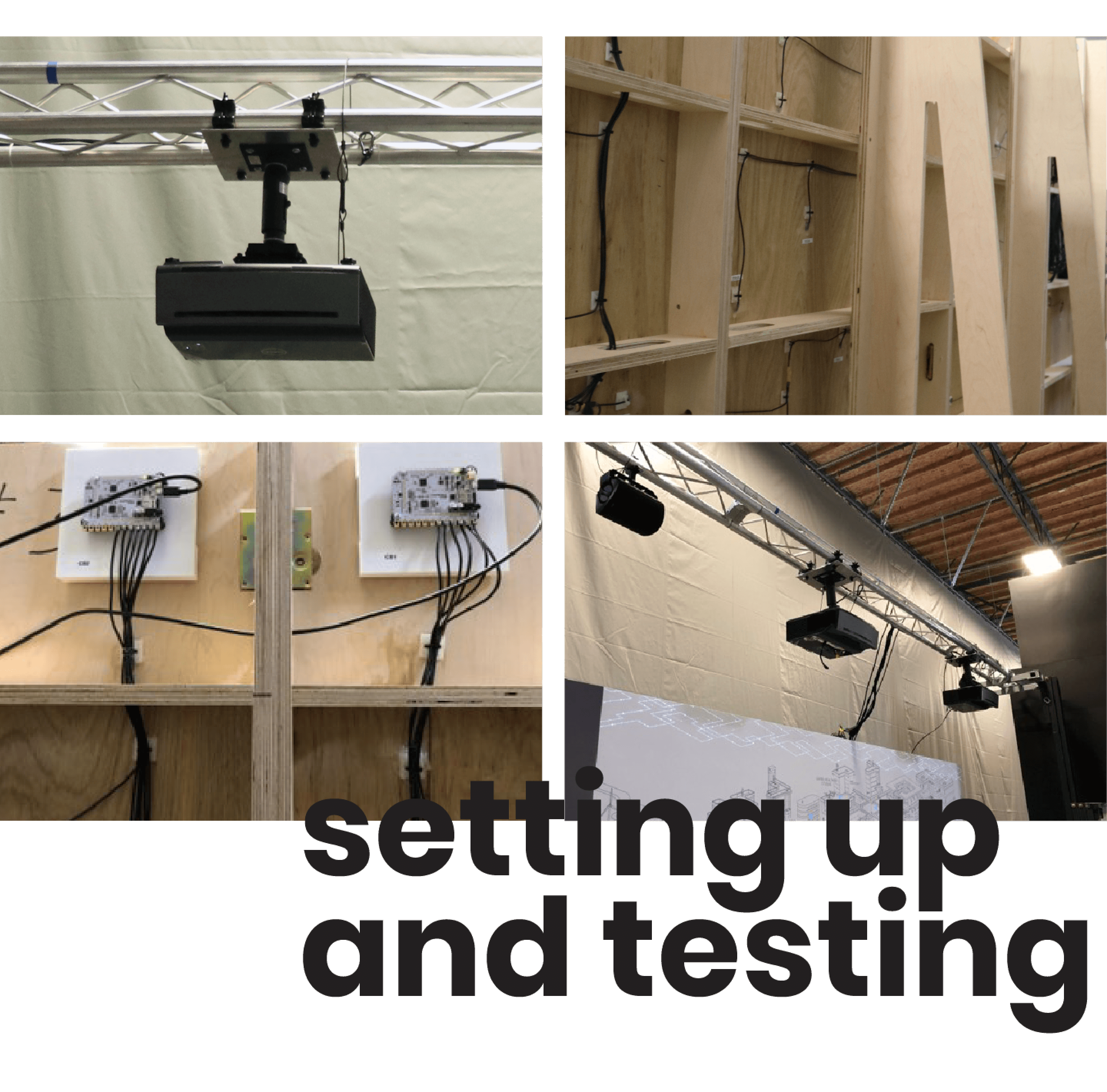 Photos of the hardware setup: short-throw projectors and touchpoints painted with conductive paint to capture start triggers