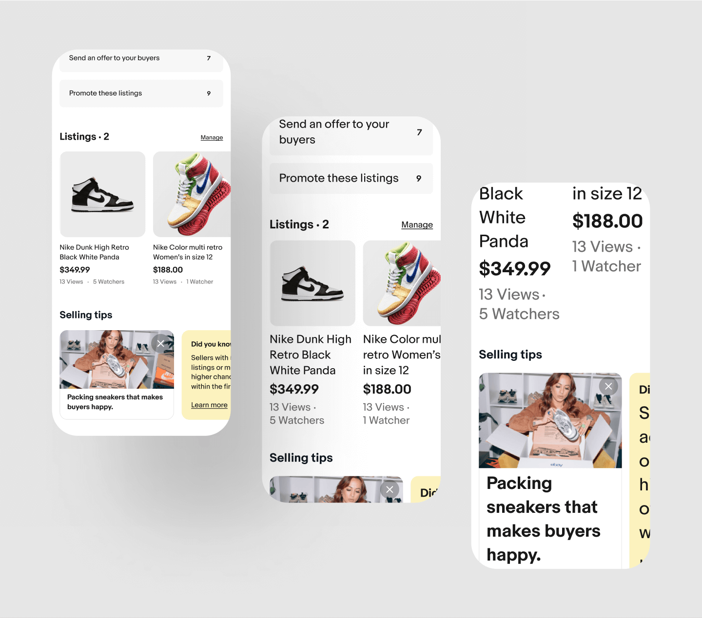 Mockups of the overview page in different dynamic type sizes