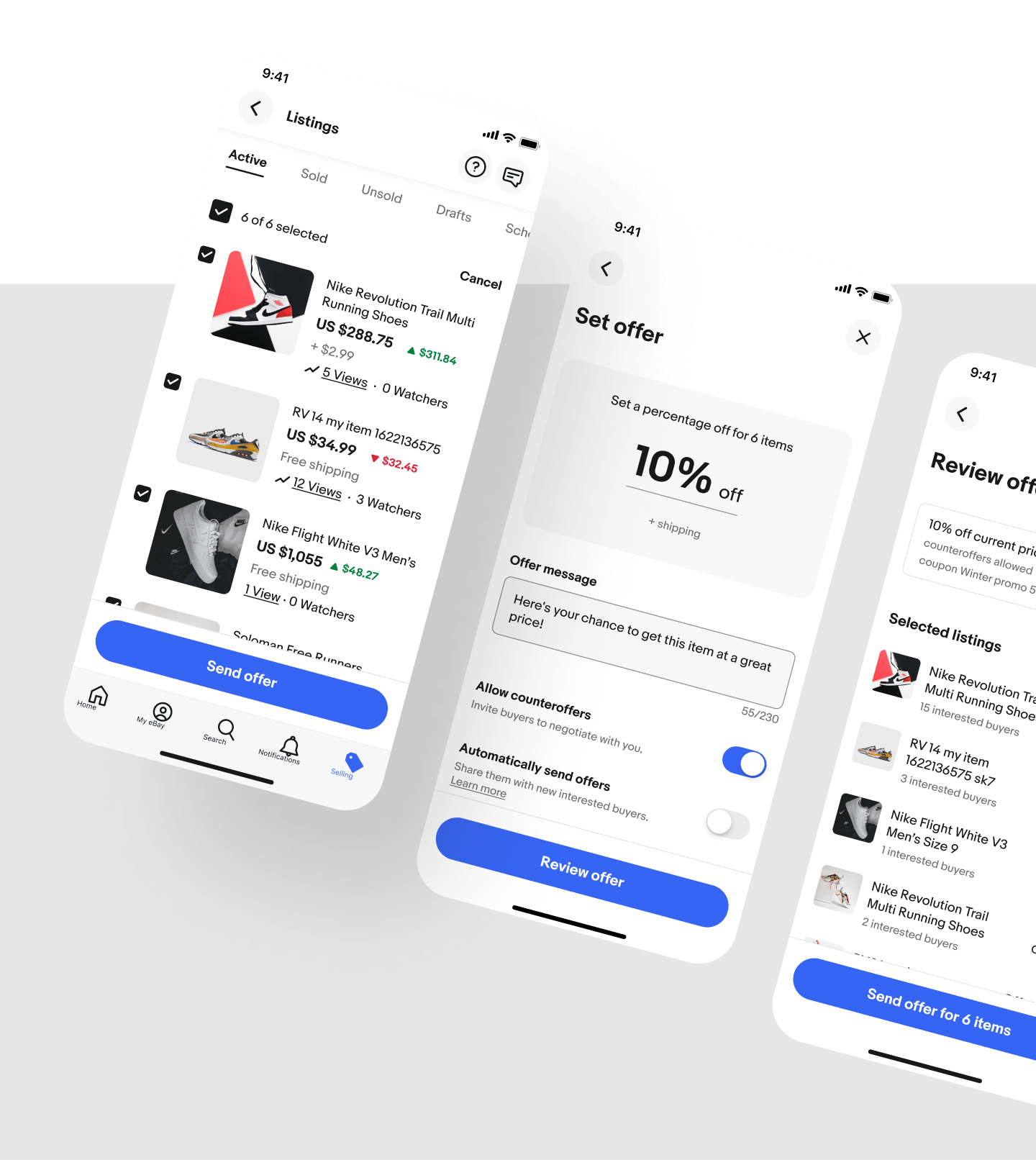 Seller initiated offer flow: selection, offer setup, and confirmation screens