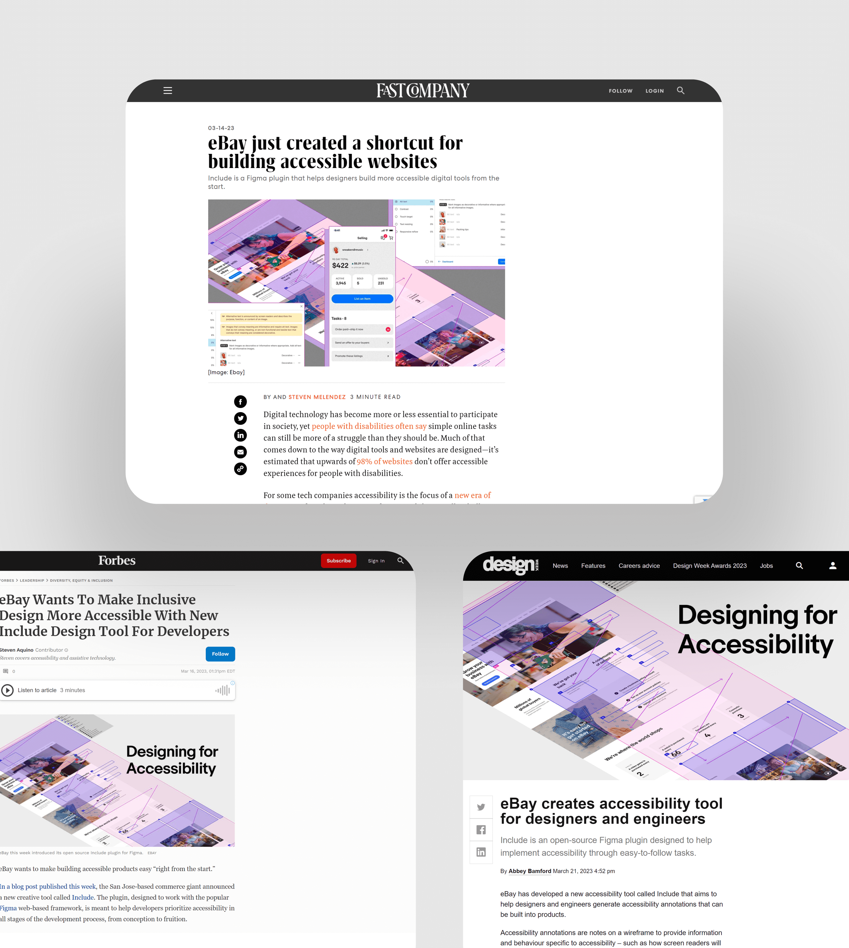 snippets of articles about the plugin on Fast Company, Forbes, and Design Week