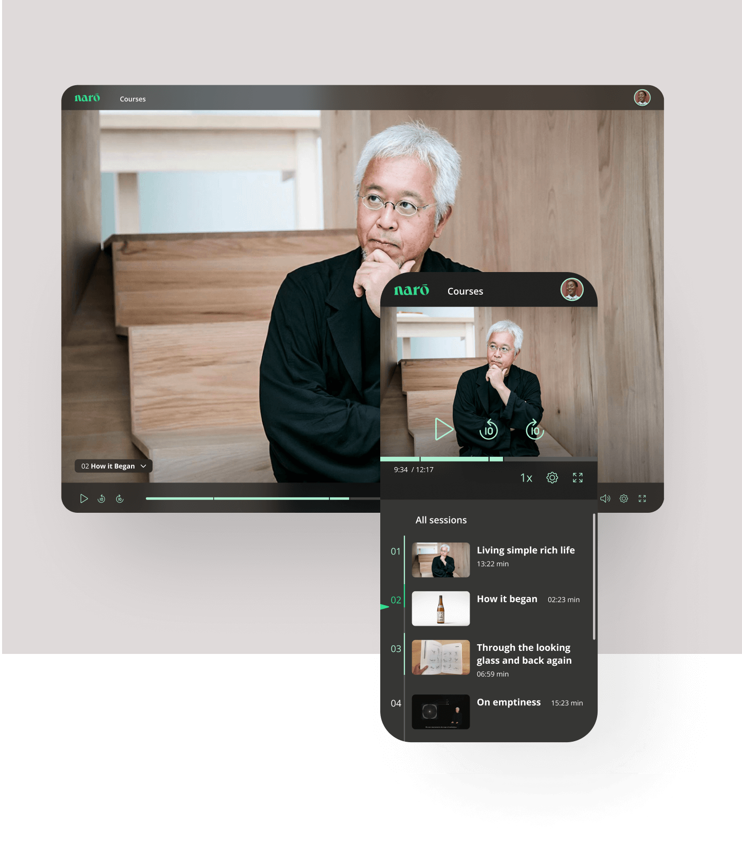 Desktop and native view of the custom video player.