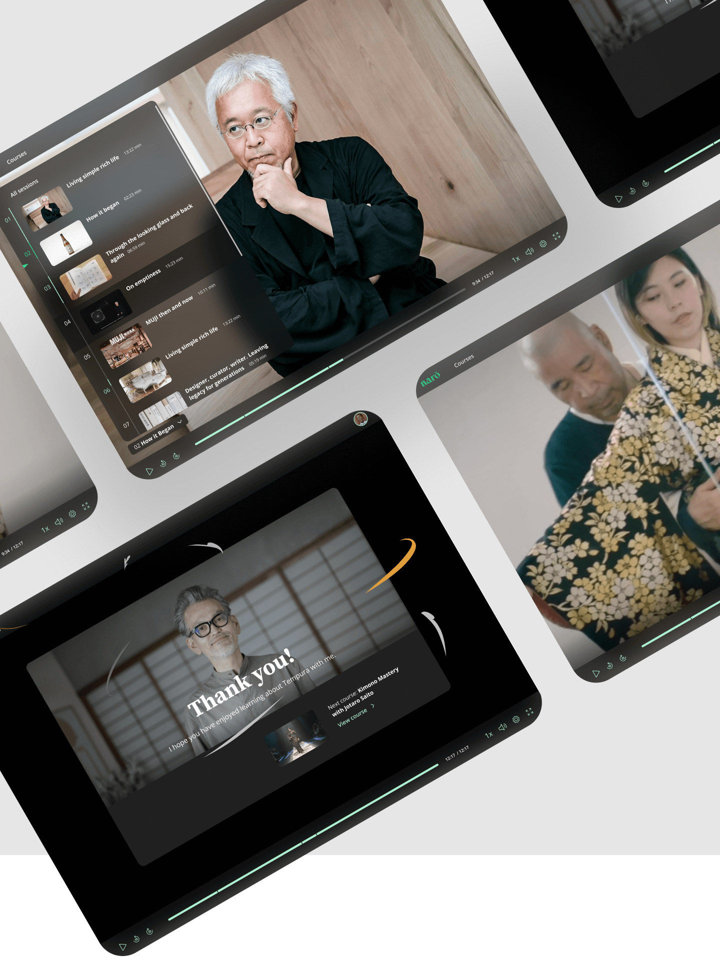 Hero screens showing Course landing page, player page with table of contents, and course completion page.