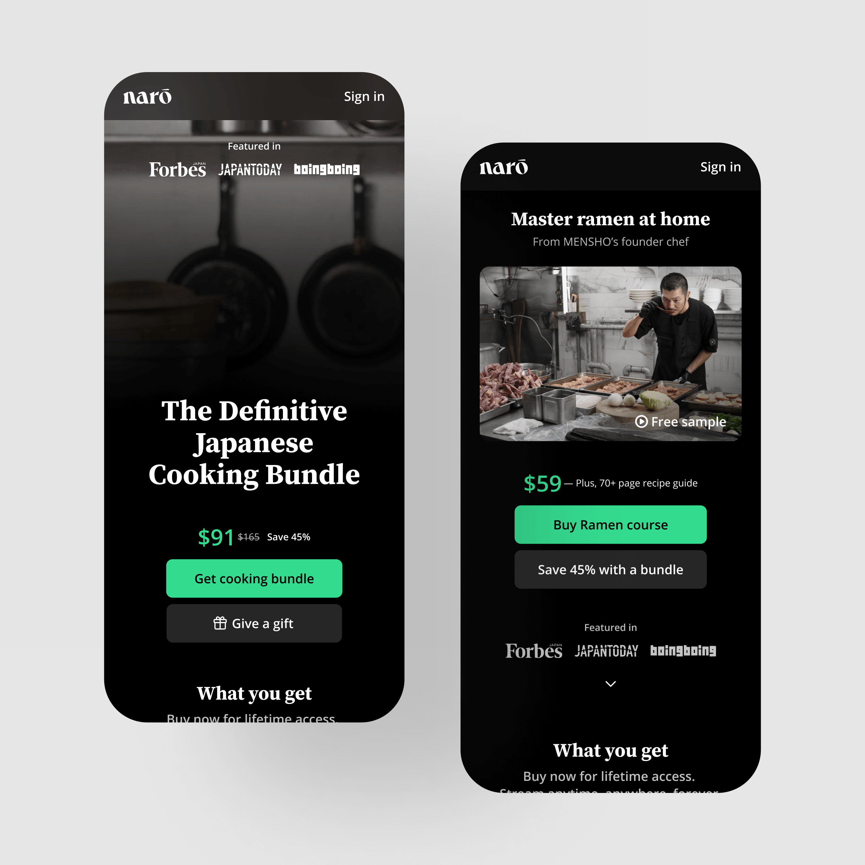 Visually differentiated landing pages: full bleed image for course bundle page and a sample chapter video for a single course page.